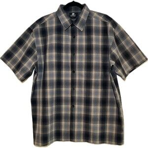 Yago Men’s Short Sleeve Plaid Woven Work Shirt Black Gray Khaki, Size Large